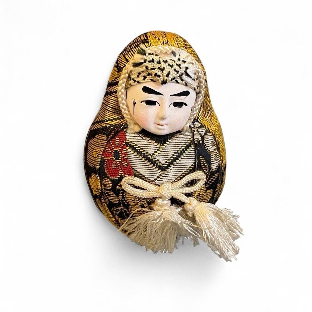 Vintage Japanese Daruma Style Brocade Doll Painted Face Showa Era